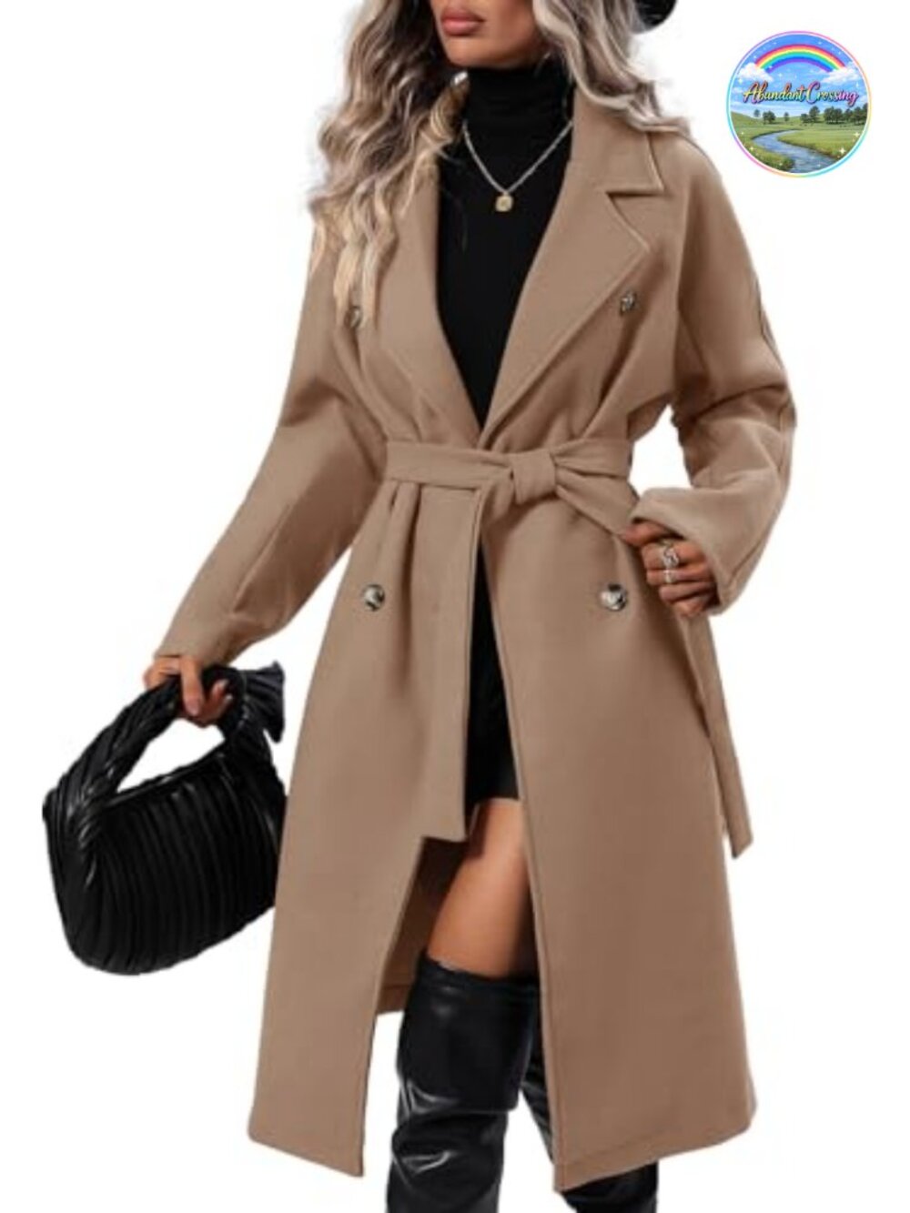 Wool Blend Pea Coat Double Breasted Notch Lapel Belted Winter Overcoat